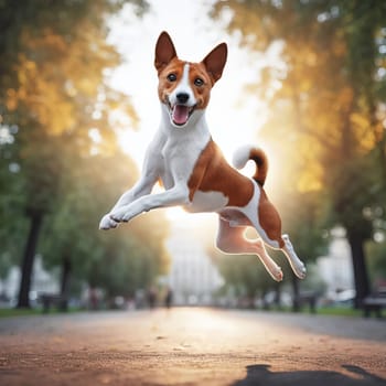 A lively dog leaps in mid-air in a park, with a blurred cityscape in the background, embodying pure joy and freedom