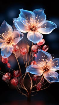 Abstract transparent flower petals, red flowers tiny stems, dark background. Flowering flowers, a symbol of spring, new life. A joyful time of nature waking up to life.