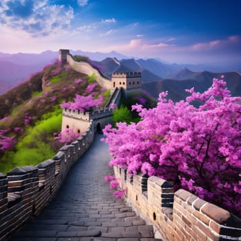 Long Chinese wall around beautiful pink blooming flowers, petals on the trees. Flowering flowers, a symbol of spring, new life. A joyful time of nature waking up to life.