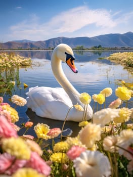 Young silver swan on the lake all around yellow pink flowers spring. Flowering flowers, a symbol of spring, new life. A joyful time of nature waking up to life.