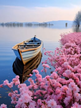 Pink blooming flowers, petals all around, water and a wooden boat lake. Flowering flowers, a symbol of spring, new life. A joyful time of nature waking up to life.