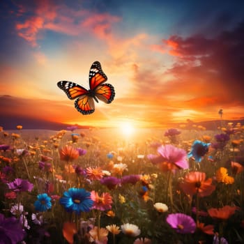 A meadow of colorful flowers, a flying butterfly and a beautiful setting sun. Flowering flowers, a symbol of spring, new life. A joyful time of nature waking up to life.