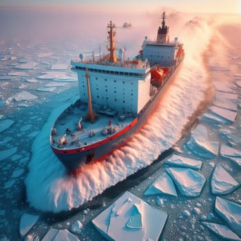 Icebreaker ship cutting through icy waters, with another vessel following, under a soft glow of sunset