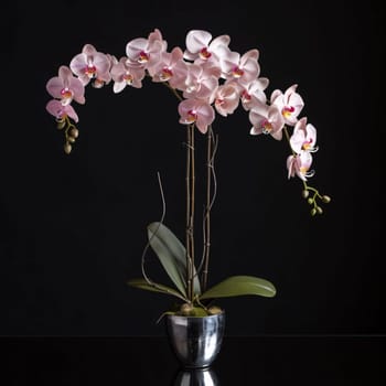 Pink white orchid in a pot on a dark background. Flowering flowers, a symbol of spring, new life. A joyful time of nature waking up to life.