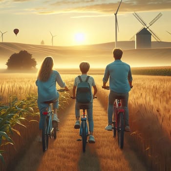 Family of three people on bikes admire a sunset amidst a serene landscape, with windmills and a hot air balloon in the distance