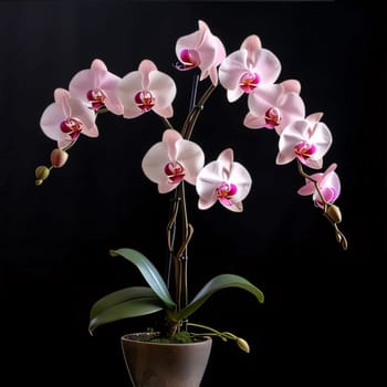 Pink white orchid in a pot on a dark background. Flowering flowers, a symbol of spring, new life. A joyful time of nature waking up to life.