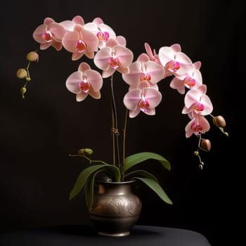 Pink white orchid in a pot on a dark background. Flowering flowers, a symbol of spring, new life. A joyful time of nature waking up to life.