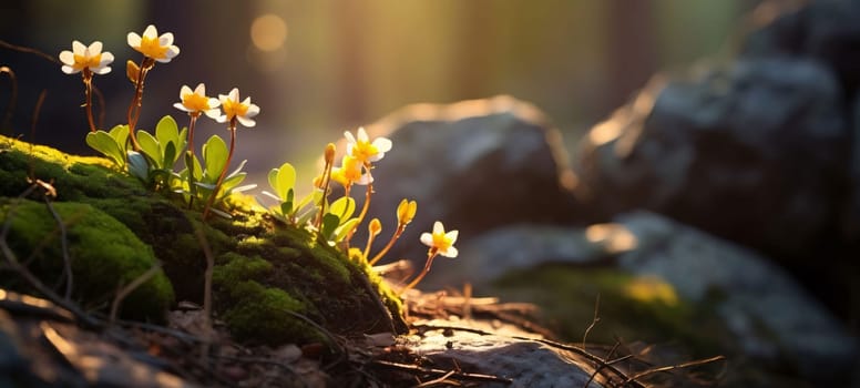 White flowers and moss in the forest on the mulch between stones and tree roots. Rays of sunshine. Flowering flowers, a symbol of spring, new life. A joyful time of nature waking up to life.