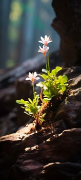 White flowers and moss in the forest on the mulch between stones and tree roots. Rays of sunshine. Flowering flowers, a symbol of spring, new life. A joyful time of nature waking up to life.