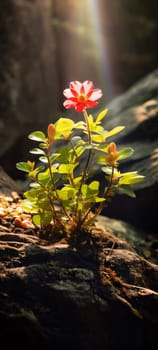Red flower and moss in the forest on the mulch between stones and tree roots. Rays of sunshine. Flowering flowers, a symbol of spring, new life. A joyful time of nature waking up to life.