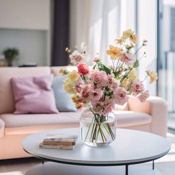 Pink and white bouquet of flowers in a vase, on a table background home interior, room, couch. Flowering flowers, a symbol of spring, new life. A joyful time of nature waking up to life.