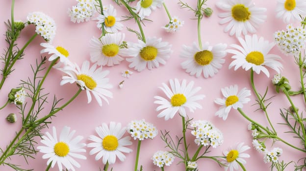 Elegantly arranged small daisies with green stems on a bright background. Flowering flowers, a symbol of spring, new life. A joyful time of nature waking up to life.