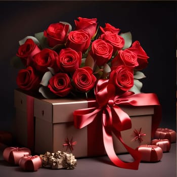 Elegant gift with red bow and red roses on a dark background. Flowering flowers, a symbol of spring, new life. A joyful time of nature waking up to life.
