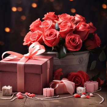 Gift with bow beads and red roses on a dark background. Flowering flowers, a symbol of spring, new life. A joyful time of nature waking up to life.