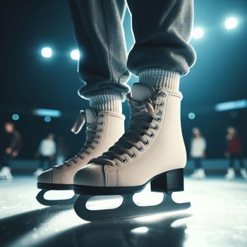 A low-angle shot captures a pair of ice skates on a rink, with the background blurred to focus on the skates