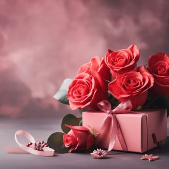 Gift with a bow and red roses on a light background elegantly arranged. Flowering flowers, a symbol of spring, new life. A joyful time of nature waking up to life.