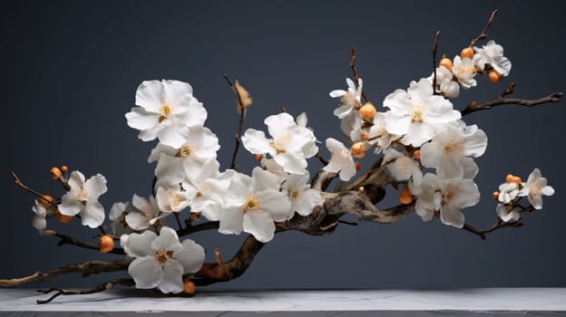 Twig with white blooming flowers, petals on a dark background. Flowering flowers, a symbol of spring, new life. A joyful time of nature waking up to life.