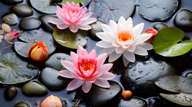 Pink and white water lilies around the leaves of the stone. Flowering flowers, a symbol of spring, new life. A joyful time of nature waking up to life.