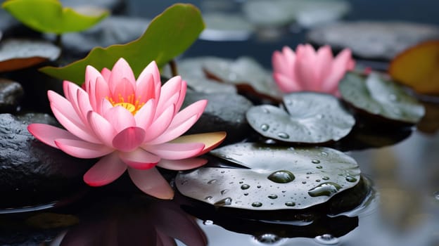 Pink water lily and green leaves on the water. Flowering flowers, a symbol of spring, new life. A joyful time of nature waking up to life.