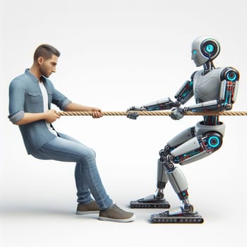 Man and robot in a tug of war, symbolizing the struggle between humans and technology