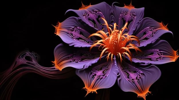 Abstract navy blue and orange large flower with petals on a dark background. Flowering flowers, a symbol of spring, new life. A joyful time of nature waking up to life.