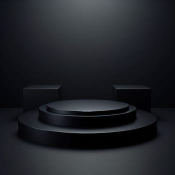 A black podium with three levels, lit from above on a dark background, perfect for product display