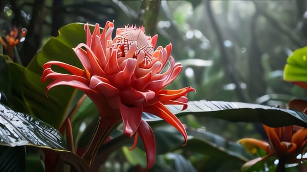 Pink flower with green leaves in the middle of a wild jungle. Flowering flowers, a symbol of spring, new life. A joyful time of nature waking up to life.