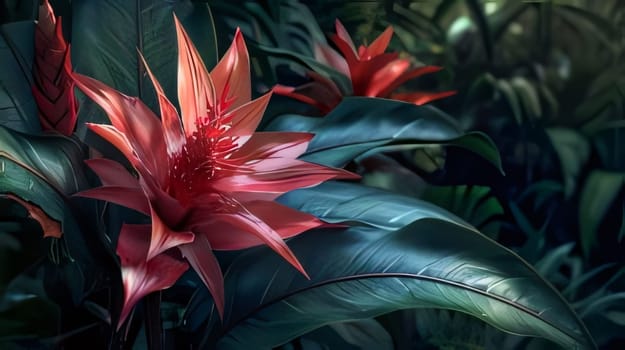 Pink flower with green leaves in the middle of a wild jungle. Flowering flowers, a symbol of spring, new life. A joyful time of nature waking up to life.