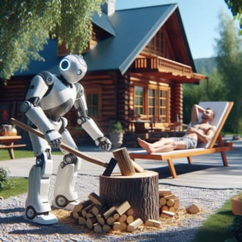 Robot chopping wood while a person relaxes in a lounge chair outside a cozy cabin, showcasing automation and leisure