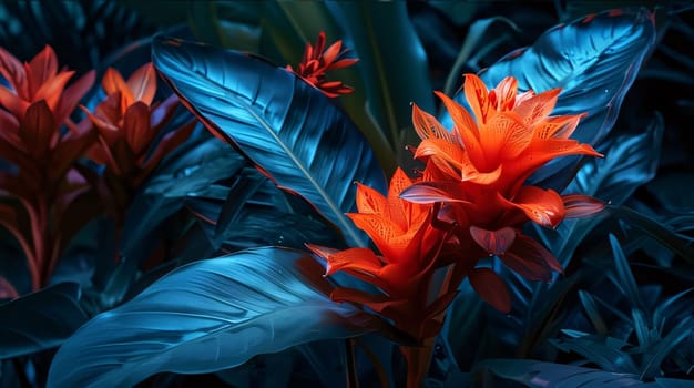 Pink flower with green leaves in the middle of a wild jungle. Flowering flowers, a symbol of spring, new life. A joyful time of nature waking up to life.