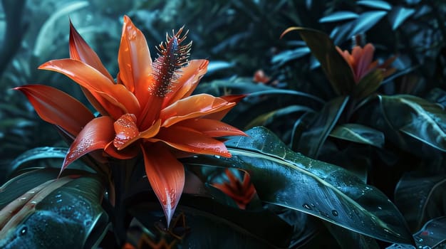 Pink flower with green leaves in the middle of a wild jungle. Flowering flowers, a symbol of spring, new life. A joyful time of nature waking up to life.