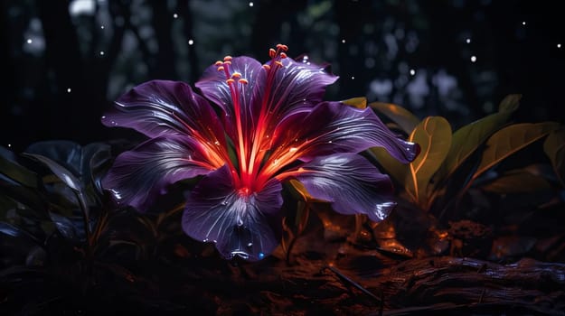 Dark blue petals with red feelers around green leaves evening in the forest flower. Flowering flowers, a symbol of spring, new life. A joyful time of nature waking up to life.