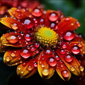 Red flower with water drops. Flowering flowers, a symbol of spring, new life. A joyful time of nature waking up to life.