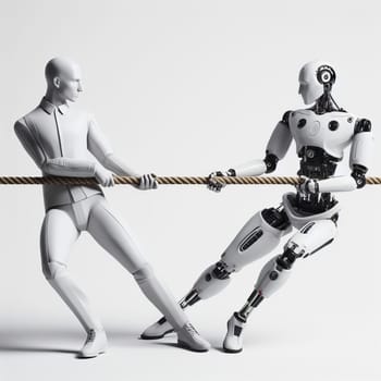 Two robots, one humanoid and one mechanical, engaged in a tug of war on a white background