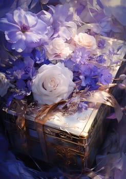 Gold box with white and blue roses flowers. Flowering flowers, a symbol of spring, new life. A joyful time of nature waking up to life.