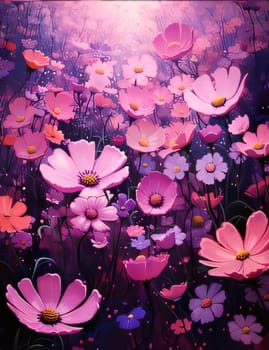 Illustration, small pink flowers in a field. Flowering flowers, a symbol of spring, new life. A joyful time of nature waking up to life.