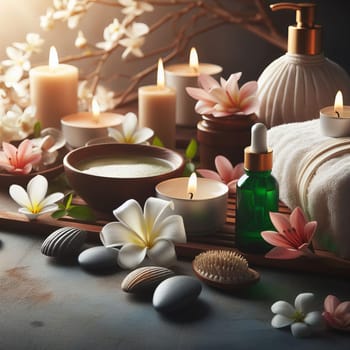 Serene spa setting with candles, flowers, stones, and skincare products, evoking relaxation and luxury