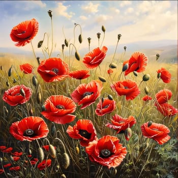 Illustration of red poppies in a green farm field. Flowering flowers, a symbol of spring, new life. A joyful time of nature waking up to life.