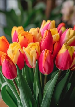 Red and orange Tulips with green leaves, smudged background, bouquet. Flowering flowers, a symbol of spring, new life. A joyful time of nature waking up to life.