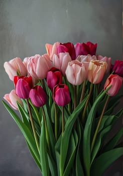 Bouquet of pink and red tulips, green leaves on a gray background. Flowering flowers, a symbol of spring, new life. A joyful time of nature waking up to life.