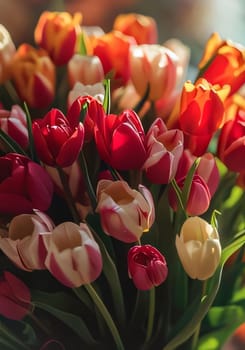 Red and orange Tulips with green leaves, smudged background, bouquet. Flowering flowers, a symbol of spring, new life. A joyful time of nature waking up to life.