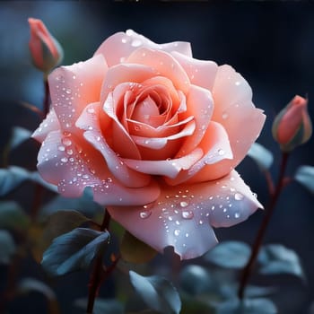 Pink rose with dewdrops, rain on a dark background. Flowering flowers, a symbol of spring, new life. A joyful time of nature waking up to life.