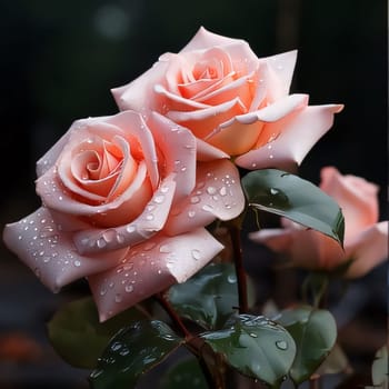 Pink rose with dewdrops, rain on a dark background. Flowering flowers, a symbol of spring, new life. A joyful time of nature waking up to life.