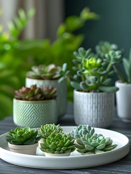 An assortment of potted succulents displayed on a rectangular tray atop a table, adding a touch of green to the room