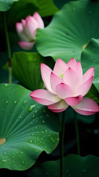 Pink water lilies and green leaves with Drops of water, dew, rain. Flowering flowers, a symbol of spring, new life. A joyful time of nature waking up to life.