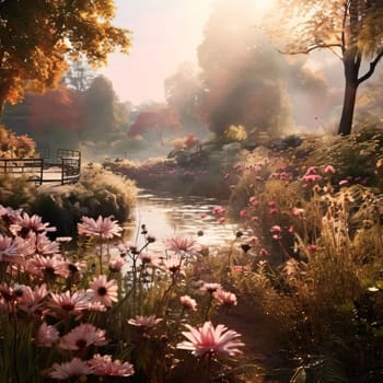 Morning by the stream all around green grass pink leaves, flowers, trees. Flowering flowers, a symbol of spring, new life. A joyful time of nature waking up to life.