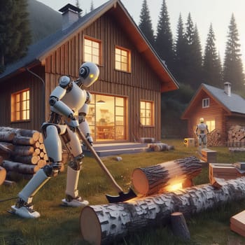 Robots chopping wood outside a cozy, illuminated wooden cabin surrounded by lush greenery at dusk