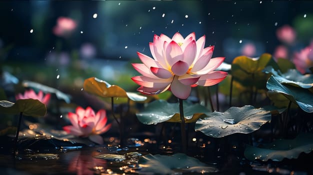 Pink water lily and green leaves over the water, sunshine. Flowering flowers, a symbol of spring, new life. A joyful time of nature waking up to life.