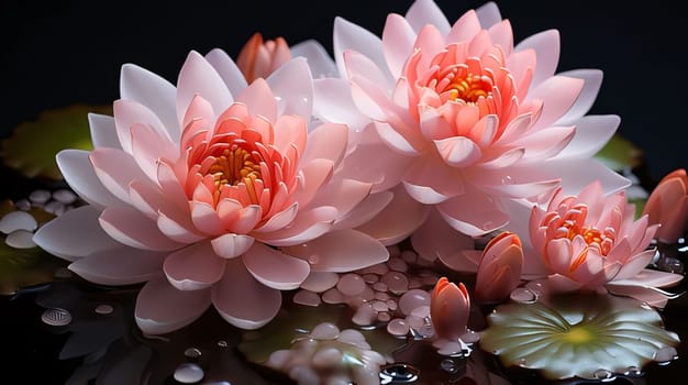 Pink and white water lilies on the water. Flowering flowers, a symbol of spring, new life. A joyful time of nature waking up to life.