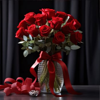 Bouquets of red roses with a red bow in a transparent vase, black curtains in the back. Flowering flowers, a symbol of spring, new life. A joyful time of nature waking up to life.